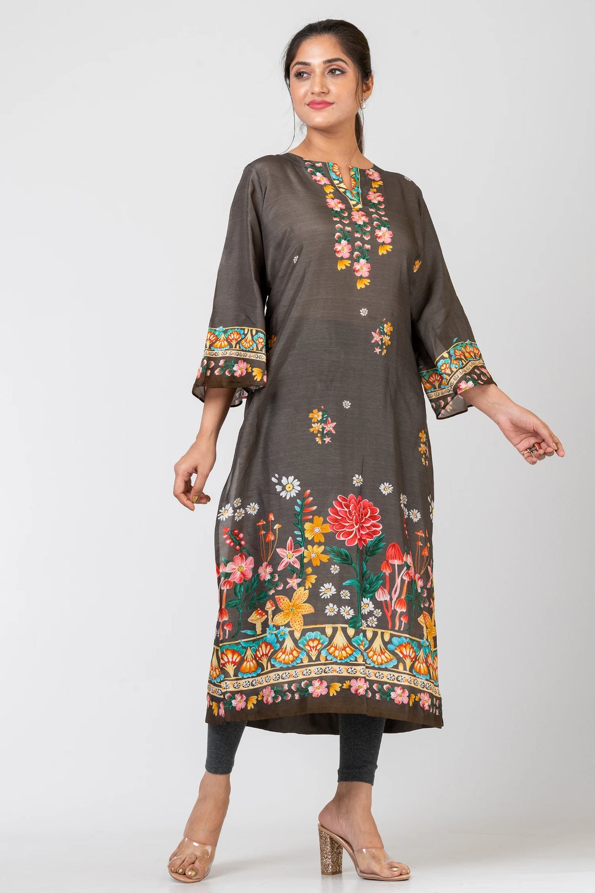 Petal Parade Grey Raw Silk Kurti Set with Pants & Dupatta for Women | Elegant Festive Wear