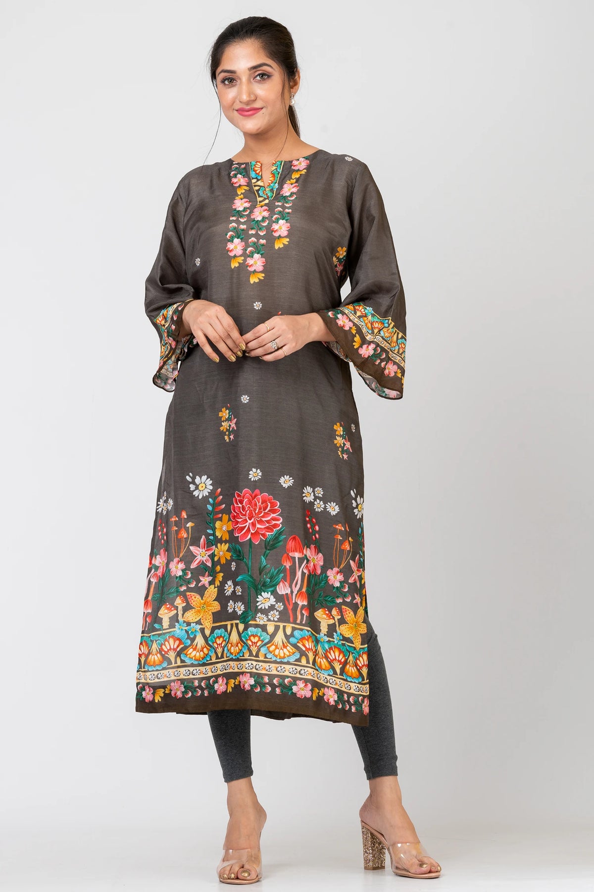 Petal Parade Grey Raw Silk Kurti Set with Pants & Dupatta for Women | Elegant Festive Wear