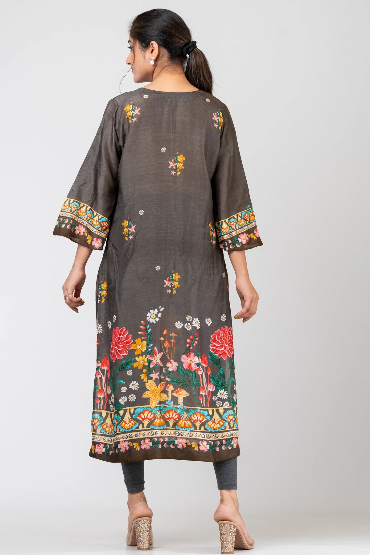 Petal Parade Grey Raw Silk Kurti Set with Pants & Dupatta for Women | Elegant Festive Wear