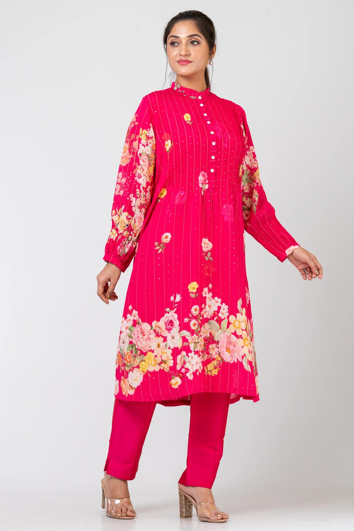 Rosy Flourish Pink Sequence Woven Russian Crepe Kurti with Raw Silk Pants Set for Women