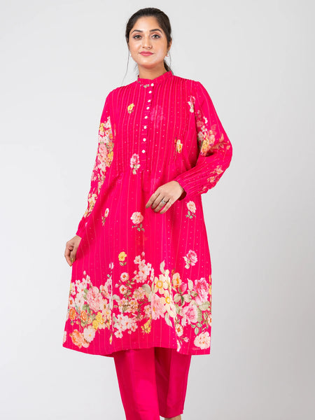 Rosy Flourish Pink Sequence Woven Russian Crepe Kurti with Raw Silk Pants Set for Women