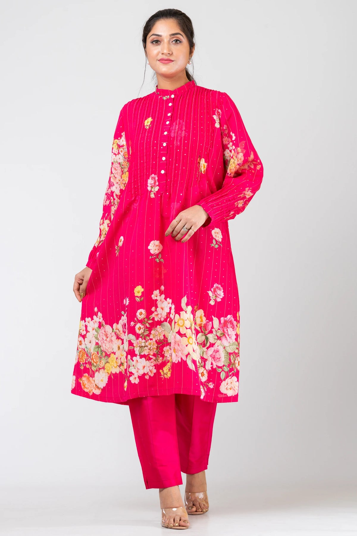 Rosy Flourish Pink Sequence Woven Russian Crepe Kurti with Raw Silk Pants Set for Women