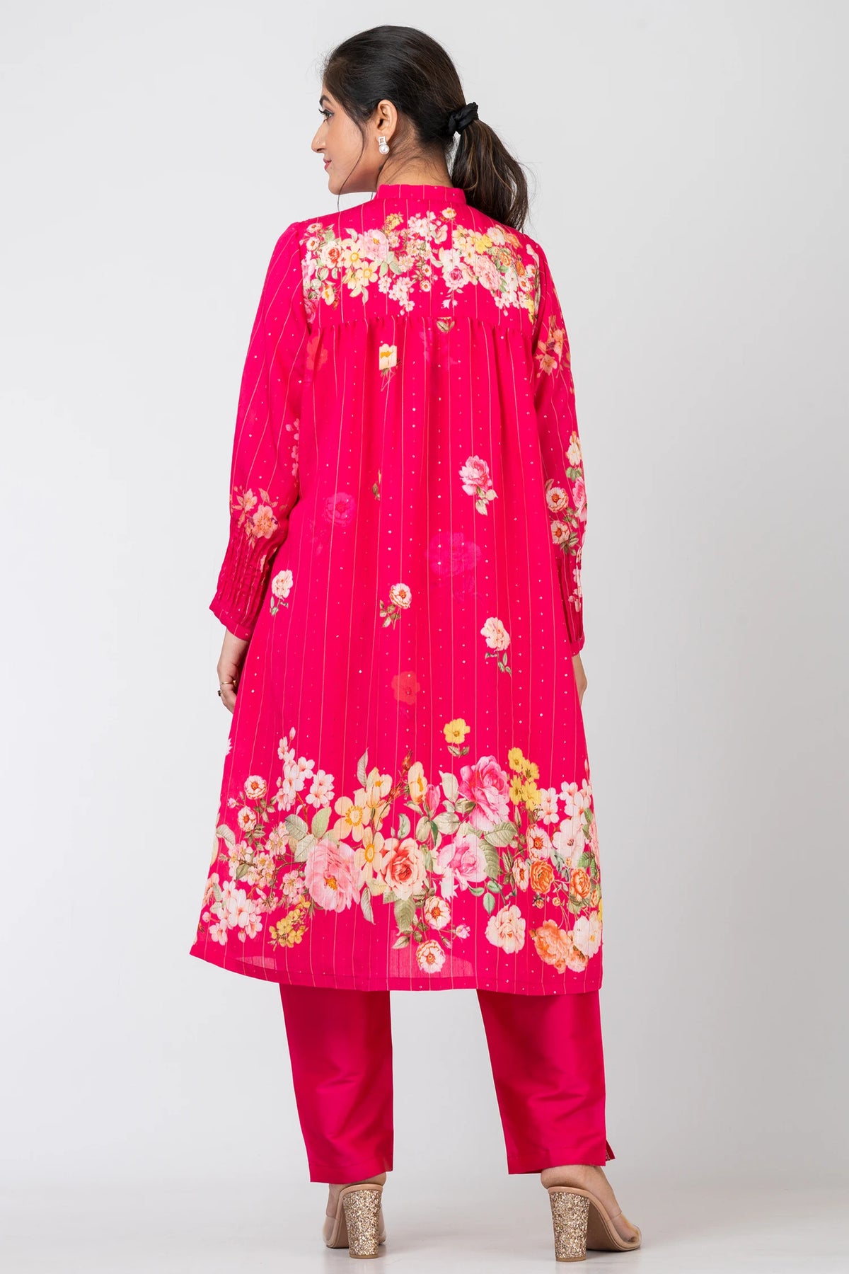 Rosy Flourish Pink Sequence Woven Russian Crepe Kurti with Raw Silk Pants Set for Women