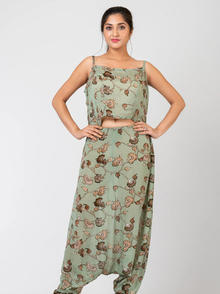 Green Trellis Charm Premium Green Georgette Fusion Set – Stylish Party Wear Ethnic Outfit