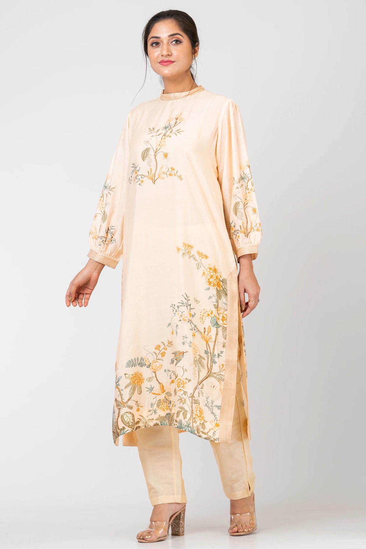Sunny Whispers Designer Light Yellow Ethnic Set – Chanderi Kurti, Pants & Dupatta