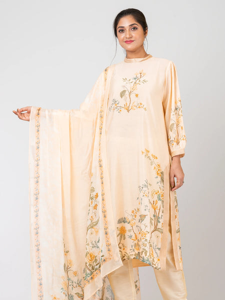 Sunny Whispers Designer Light Yellow Ethnic Set – Chanderi Kurti, Pants & Dupatta