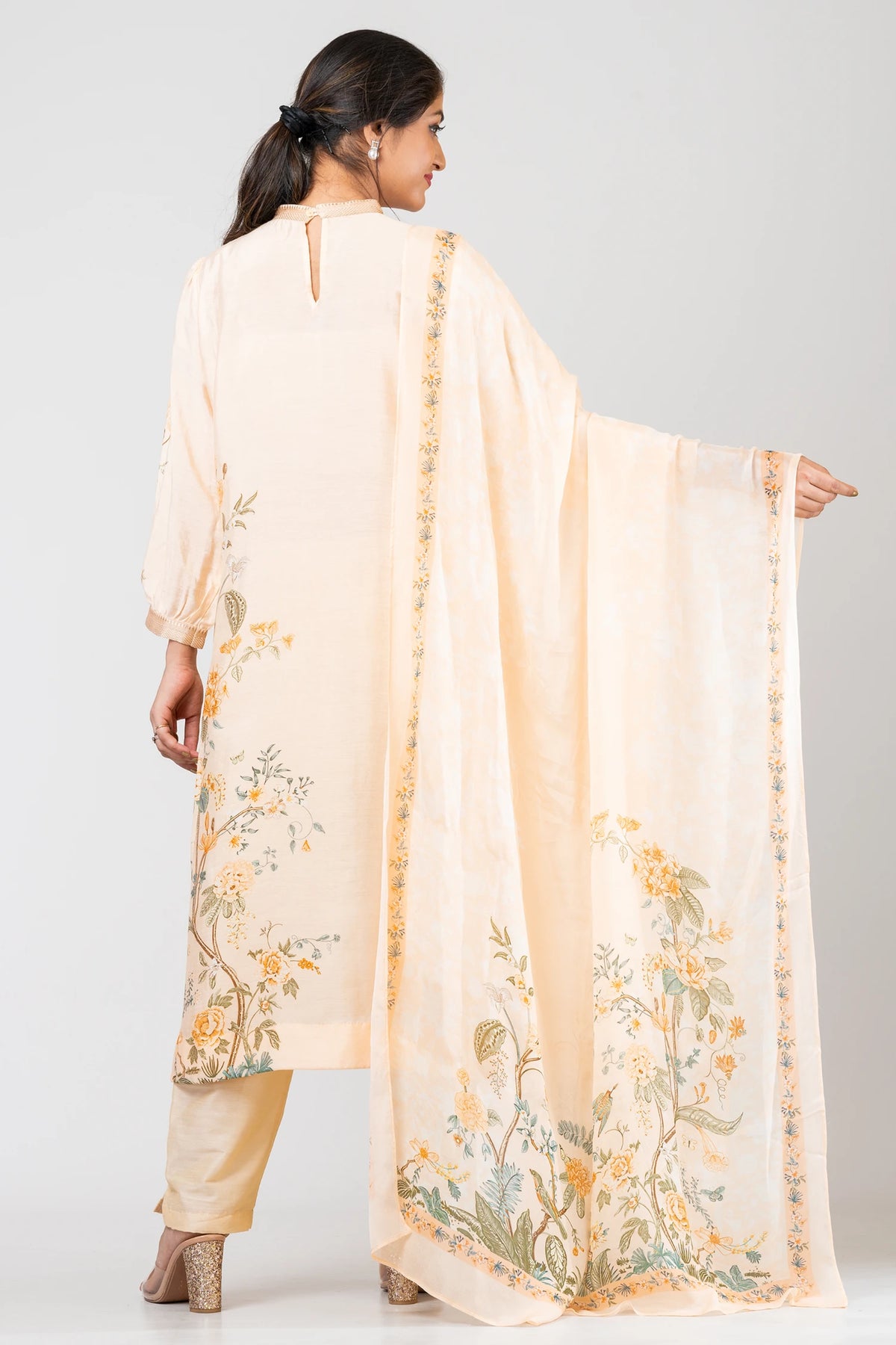 Sunny Whispers Designer Light Yellow Ethnic Set – Chanderi Kurti, Pants & Dupatta