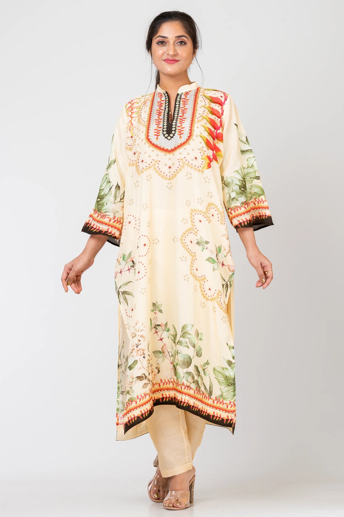 Tender Petals Designer Pale Green Raw Silk Kurti and Pants Ethnic Set for Women