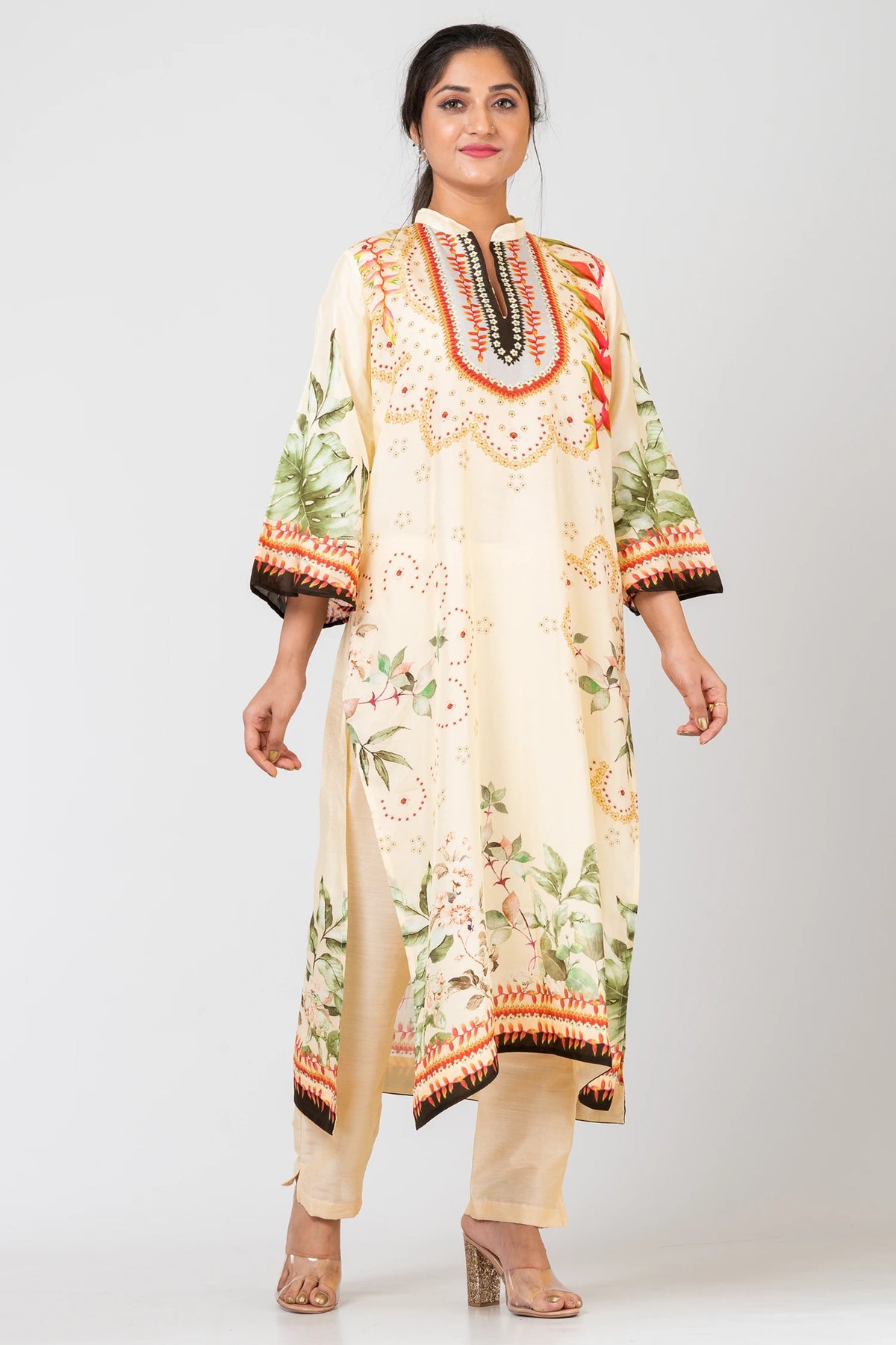 Tender Petals Designer Pale Green Raw Silk Kurti and Pants Ethnic Set for Women