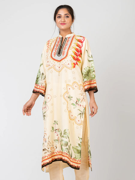Tender Petals Designer Pale Green Raw Silk Kurti and Pants Ethnic Set for Women