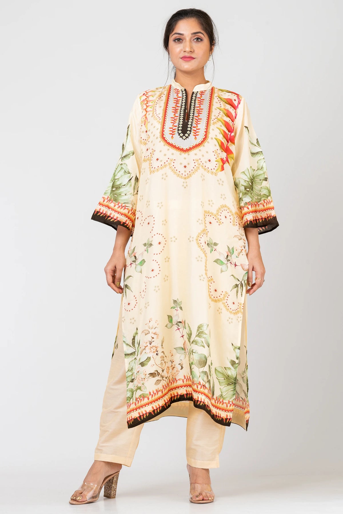 Tender Petals Designer Pale Green Raw Silk Kurti and Pants Ethnic Set for Women