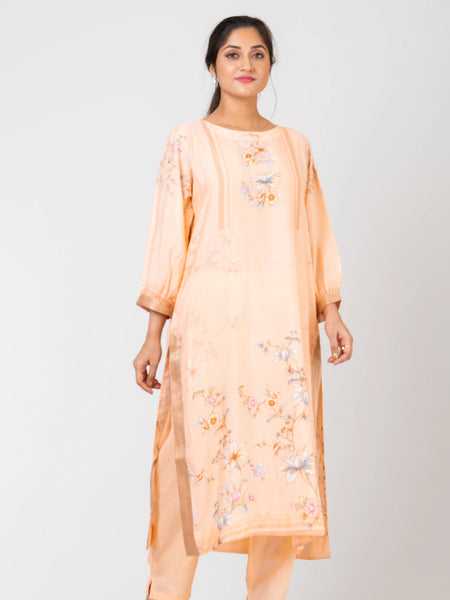 Peach Finesse Peach Traditional Kurti Set with Raw Silk Pants for Festive Wear