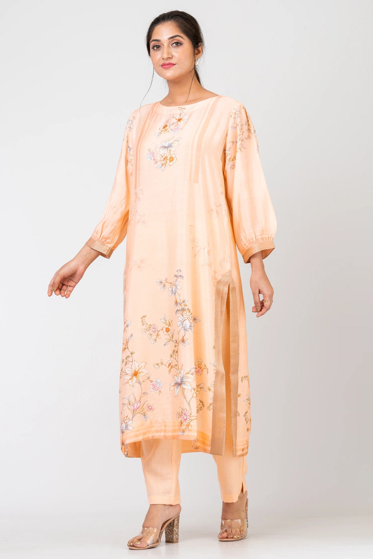 Peach Finesse Peach Traditional Kurti Set with Raw Silk Pants for Festive Wear