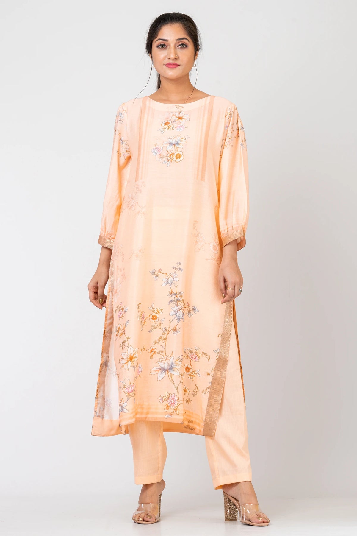 Peach Finesse Peach Traditional Kurti Set with Raw Silk Pants for Festive Wear
