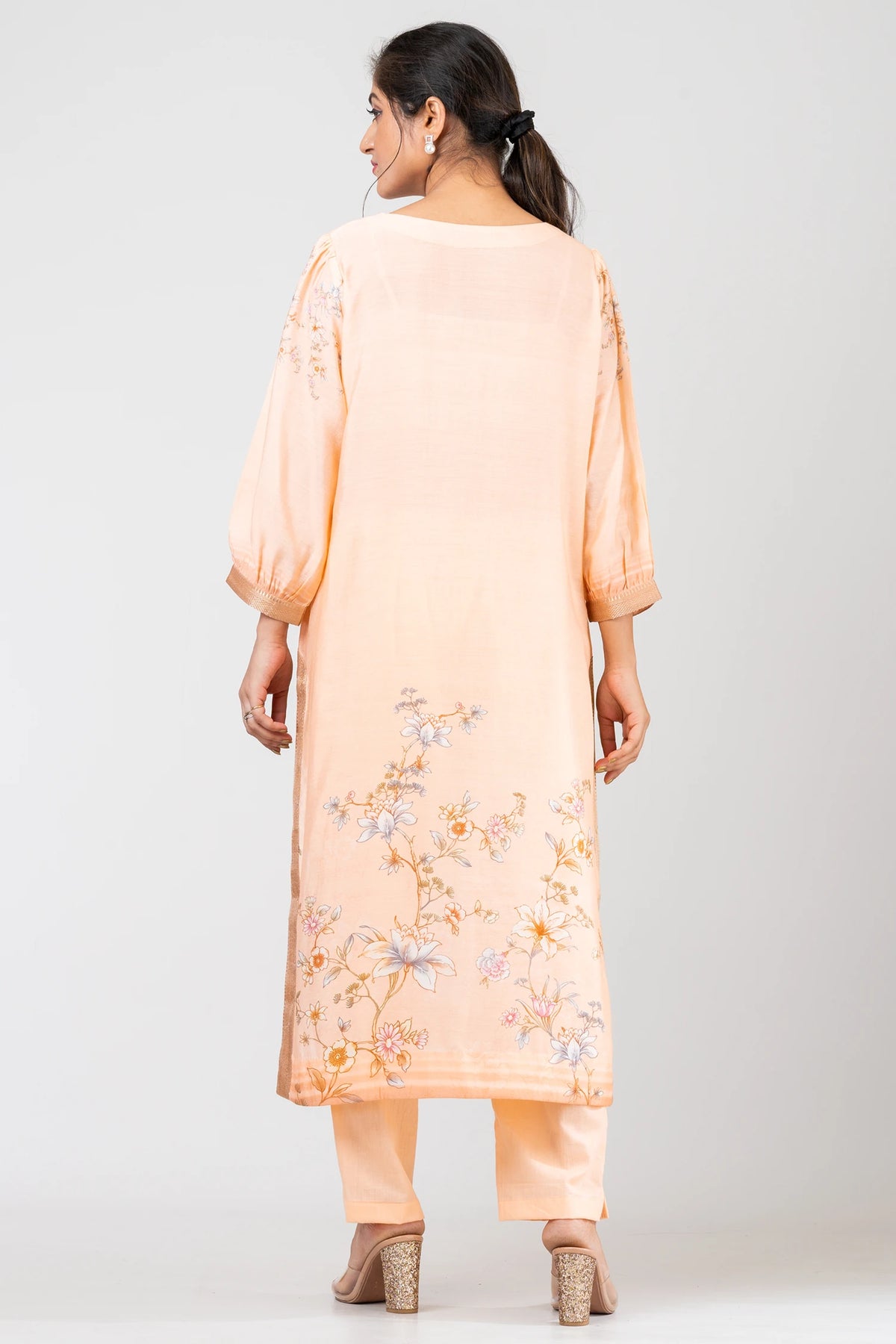Peach Finesse Peach Traditional Kurti Set with Raw Silk Pants for Festive Wear