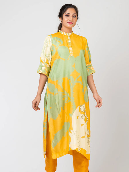 Abstract Fusion Yellow Raw Silk Kurti Set with Matching Silk Pants for Women