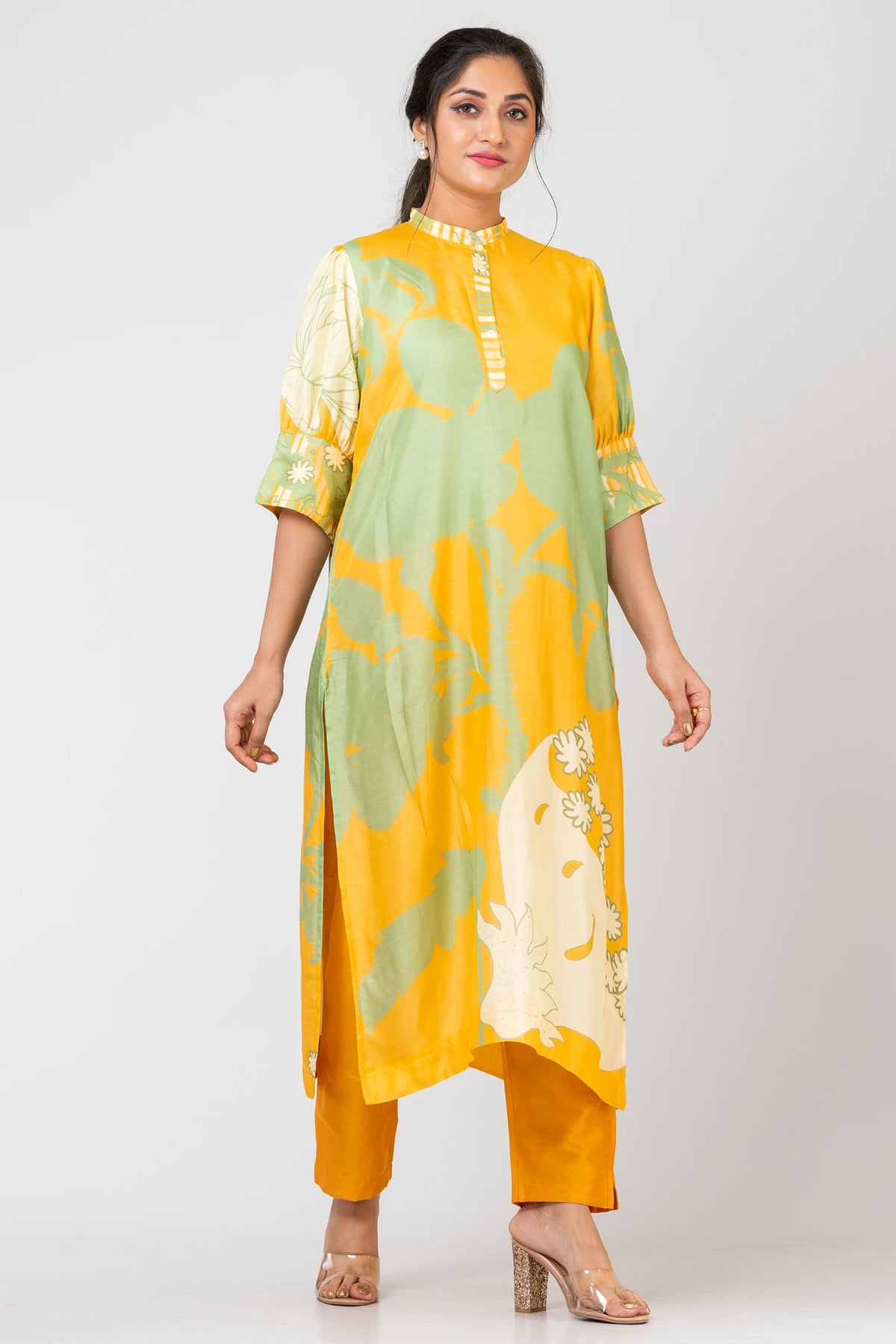 Abstract Fusion Yellow Raw Silk Kurti Set with Matching Silk Pants for Women