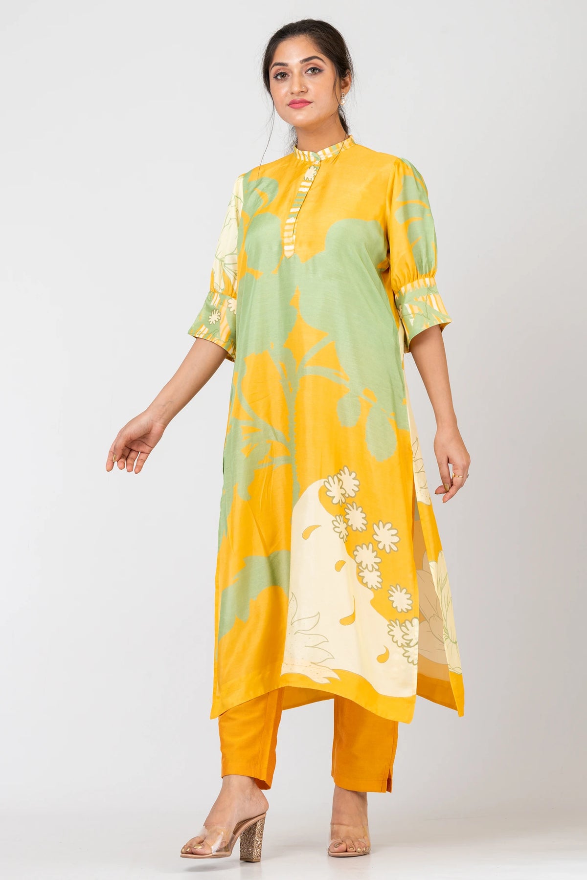 Abstract Fusion Yellow Raw Silk Kurti Set with Matching Silk Pants for Women