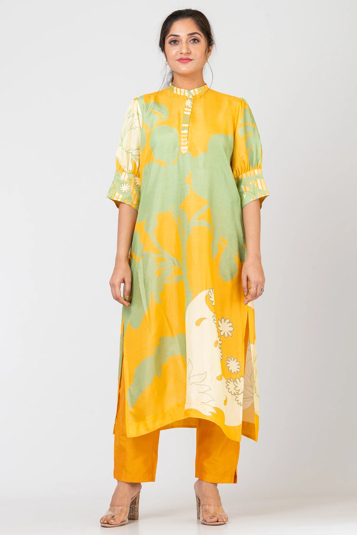 Abstract Fusion Yellow Raw Silk Kurti Set with Matching Silk Pants for Women