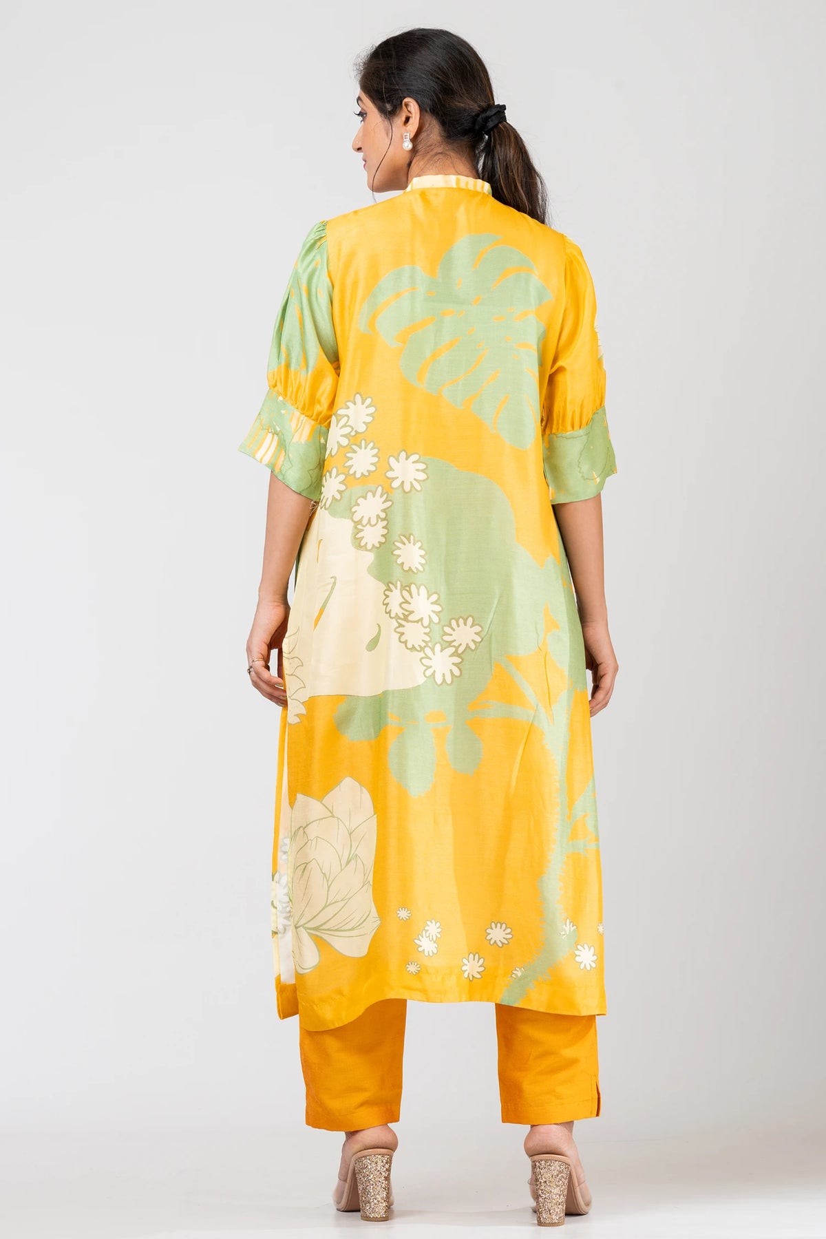 Abstract Fusion Yellow Raw Silk Kurti Set with Matching Silk Pants for Women