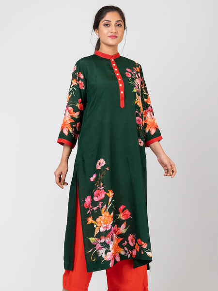 Arden Green Bliss Bottle Green Raw Silk Kurti Set with Matching Silk Pants for Women
