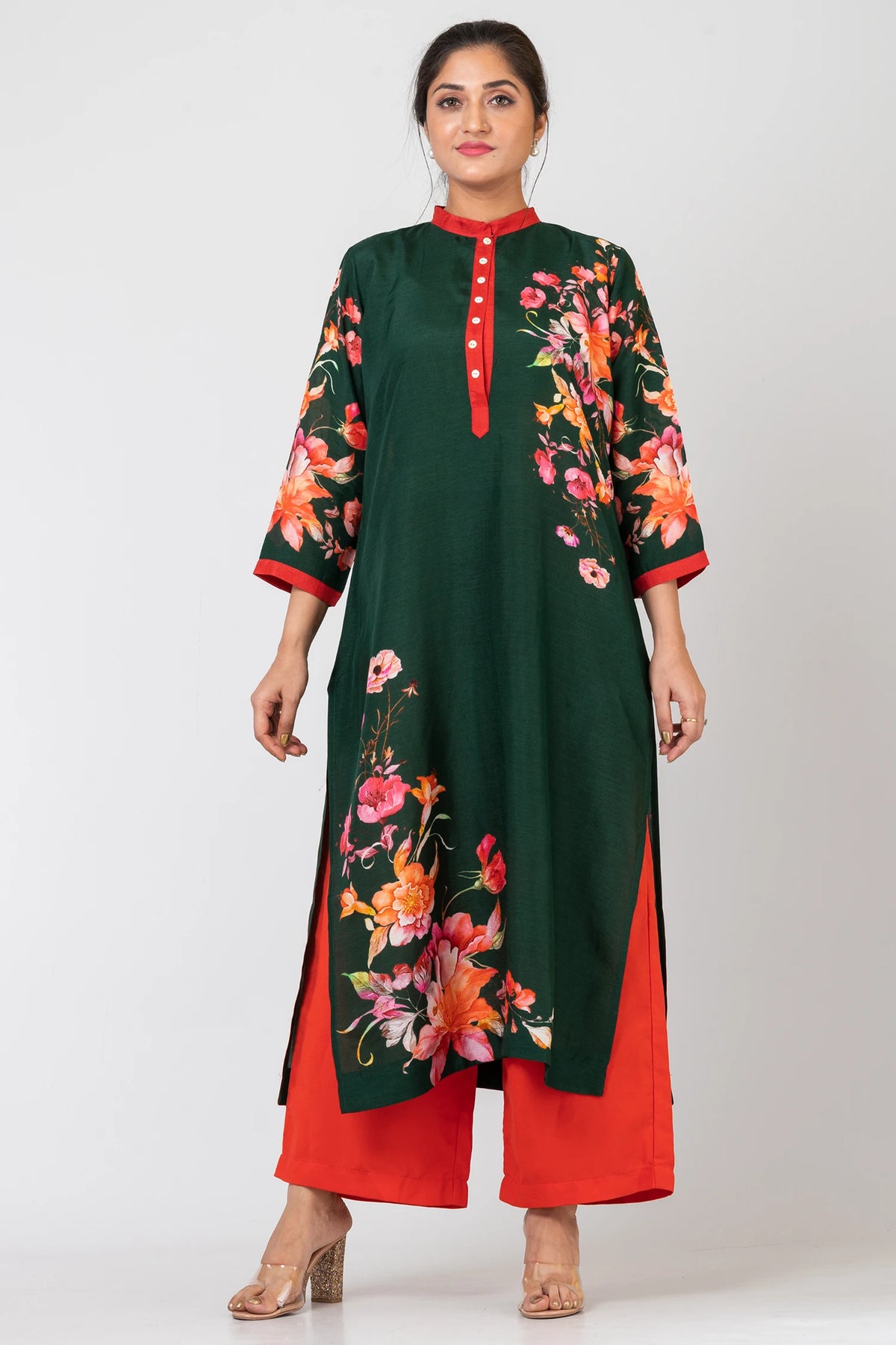 Arden Green Bliss Bottle Green Raw Silk Kurti Set with Matching Silk Pants for Women