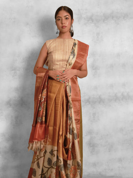 Roh Elegant Mustard Tussar Silk Saree with Red Border – Traditional & Festive Ethnic Wear