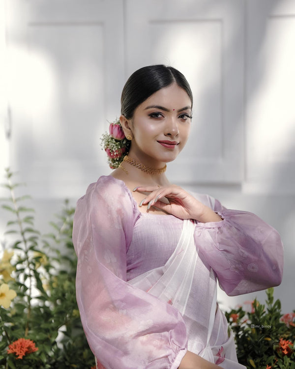 Rosemary Designer Lavender Kerala Kasavu Saree for Weddings, Festivals & Onam Celebrations