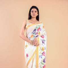 Kalyani | Kerala Cotton Floral Kasavu Saree with Golden Zari Border