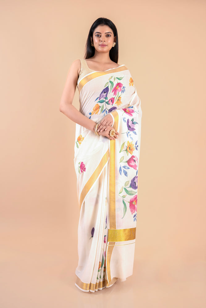 Kalyani | Kerala Cotton Floral Kasavu Saree with Golden Zari Border