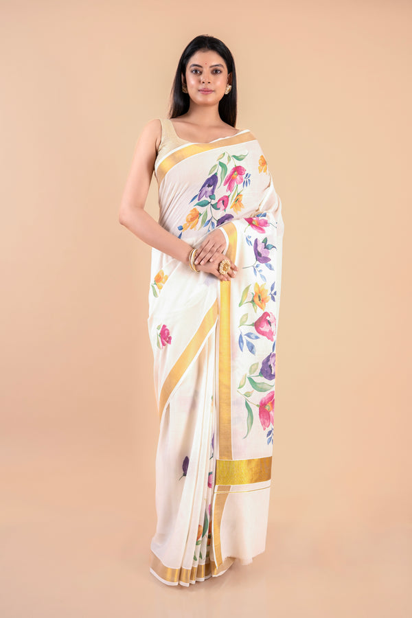 Kalyani | Kerala Cotton Floral Kasavu Saree with Golden Zari Border