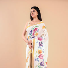 Kalyani | Kerala Cotton Floral Kasavu Saree with Golden Zari Border