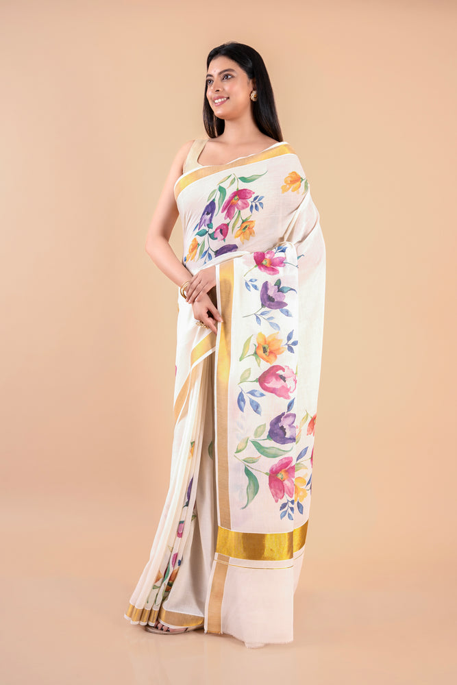 Kalyani | Kerala Cotton Floral Kasavu Saree with Golden Zari Border