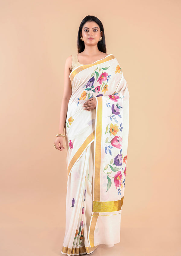Kalyani | Kerala Cotton Floral Kasavu Saree with Golden Zari Border