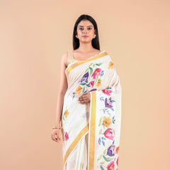 Kalyani | Kerala Cotton Floral Kasavu Saree with Golden Zari Border