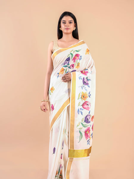 Kalyani | Kerala Cotton Floral Kasavu Saree with Golden Zari Border