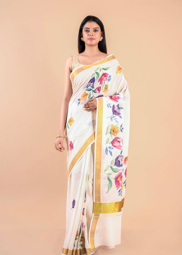 Kalyani | Kerala Cotton Floral Kasavu Saree with Golden Zari Border