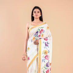 Kalyani | Kerala Cotton Floral Kasavu Saree with Golden Zari Border