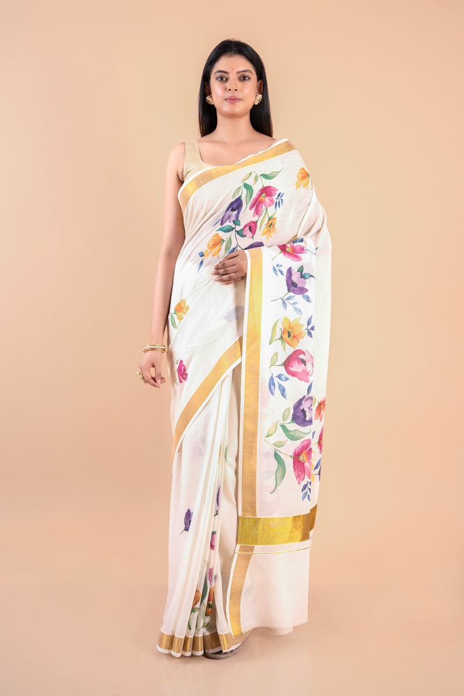 Kalyani | Kerala Cotton Floral Kasavu Saree with Golden Zari Border