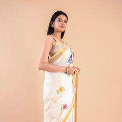 Kalyani | Kerala Cotton Floral Kasavu Saree with Golden Zari Border