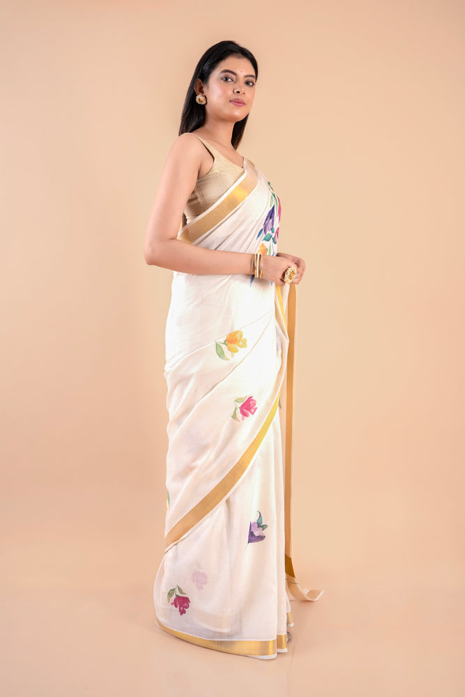 Kalyani | Kerala Cotton Floral Kasavu Saree with Golden Zari Border