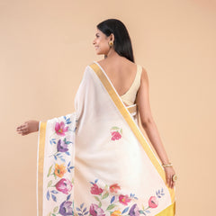 Kalyani | Kerala Cotton Floral Kasavu Saree with Golden Zari Border