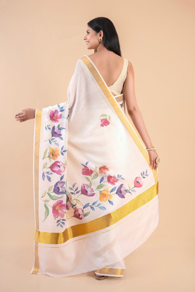 Kalyani | Kerala Cotton Floral Kasavu Saree with Golden Zari Border