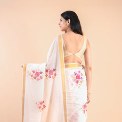 Devyani | Floral Kerala Cotton Kasavu Saree with Golden Border