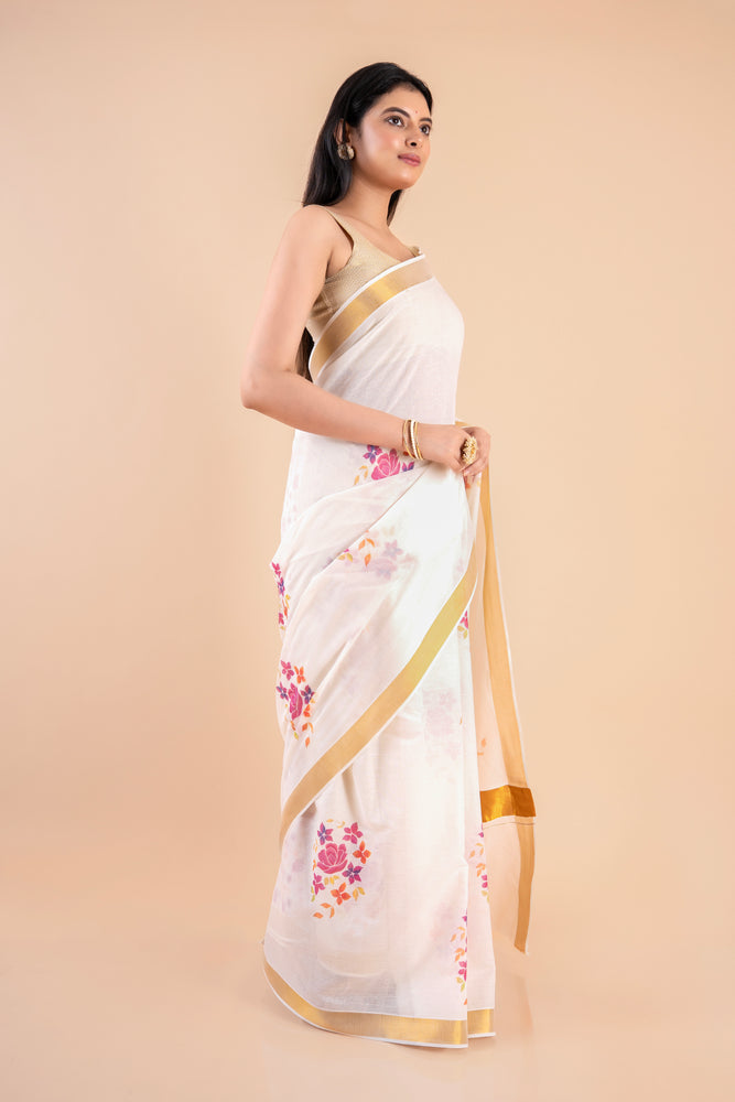 Devyani | Floral Kerala Cotton Kasavu Saree with Golden Border