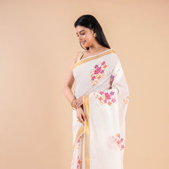 Devyani | Floral Kerala Cotton Kasavu Saree with Golden Border