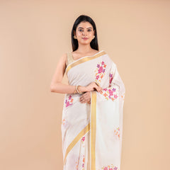 Devyani | Floral Kerala Cotton Kasavu Saree with Golden Border