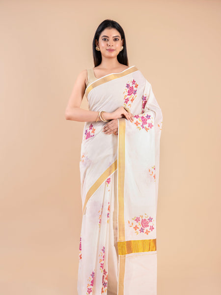 Devyani | Floral Kerala Cotton Kasavu Saree with Golden Border