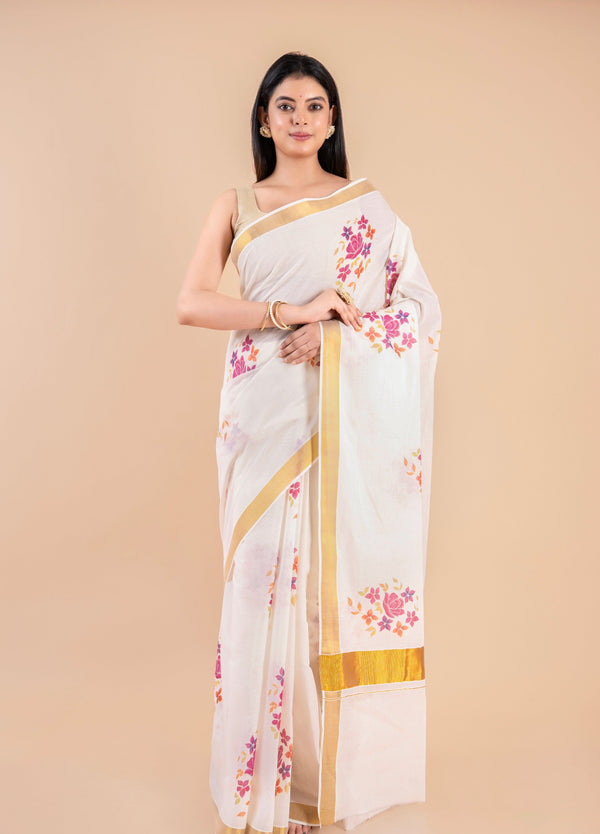 Devyani | Floral Kerala Cotton Kasavu Saree with Golden Border