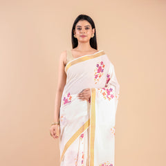 Devyani | Floral Kerala Cotton Kasavu Saree with Golden Border